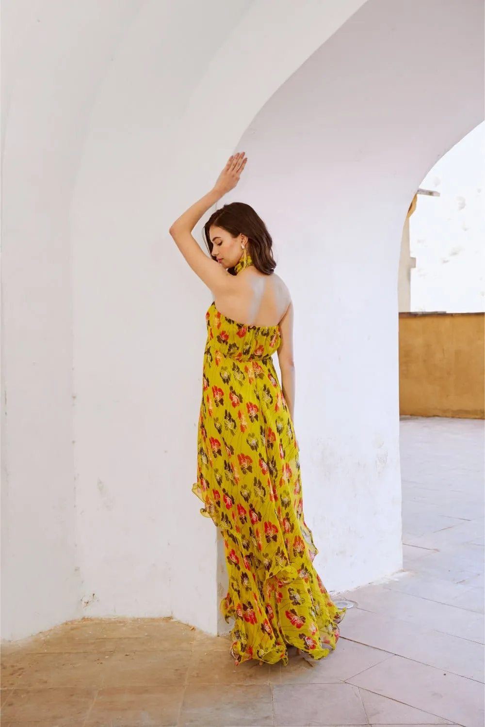 Gulbahar Bumble bee green halter maxi with seperate bow  set.