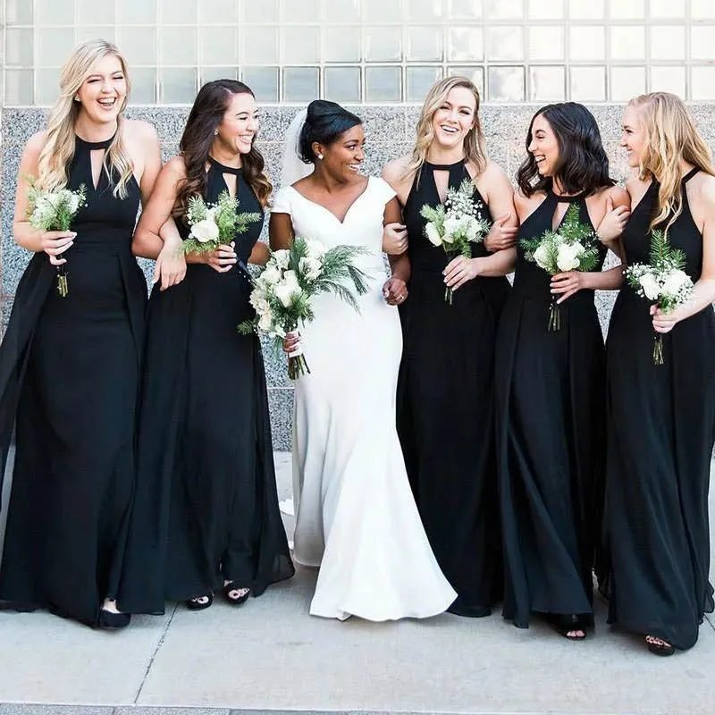 Halter Custom Chiffon Long Black Bridesmaid Dresses,MBD105