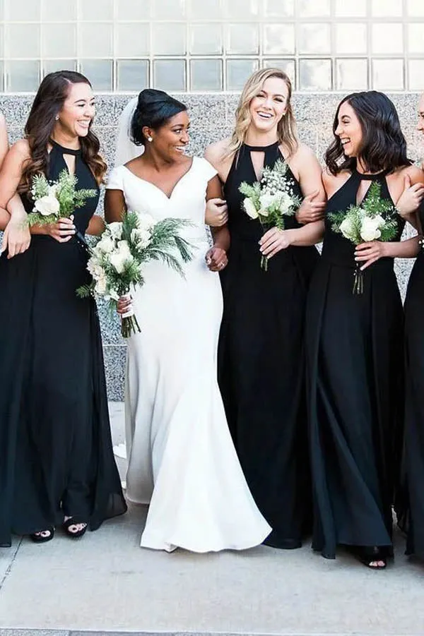 Halter Custom Chiffon Long Black Bridesmaid Dresses,MBD105
