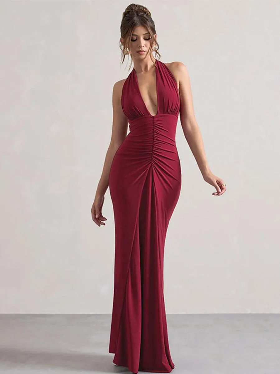 Halter Ruched Backless Formal Dress MYT1003