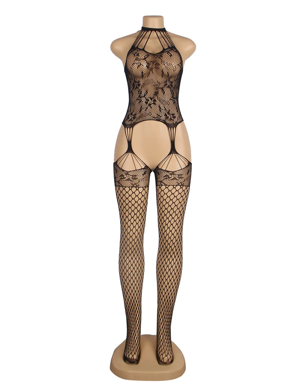 Halter Sexy Floral Patterns Hollow Out Netted Bodystocking