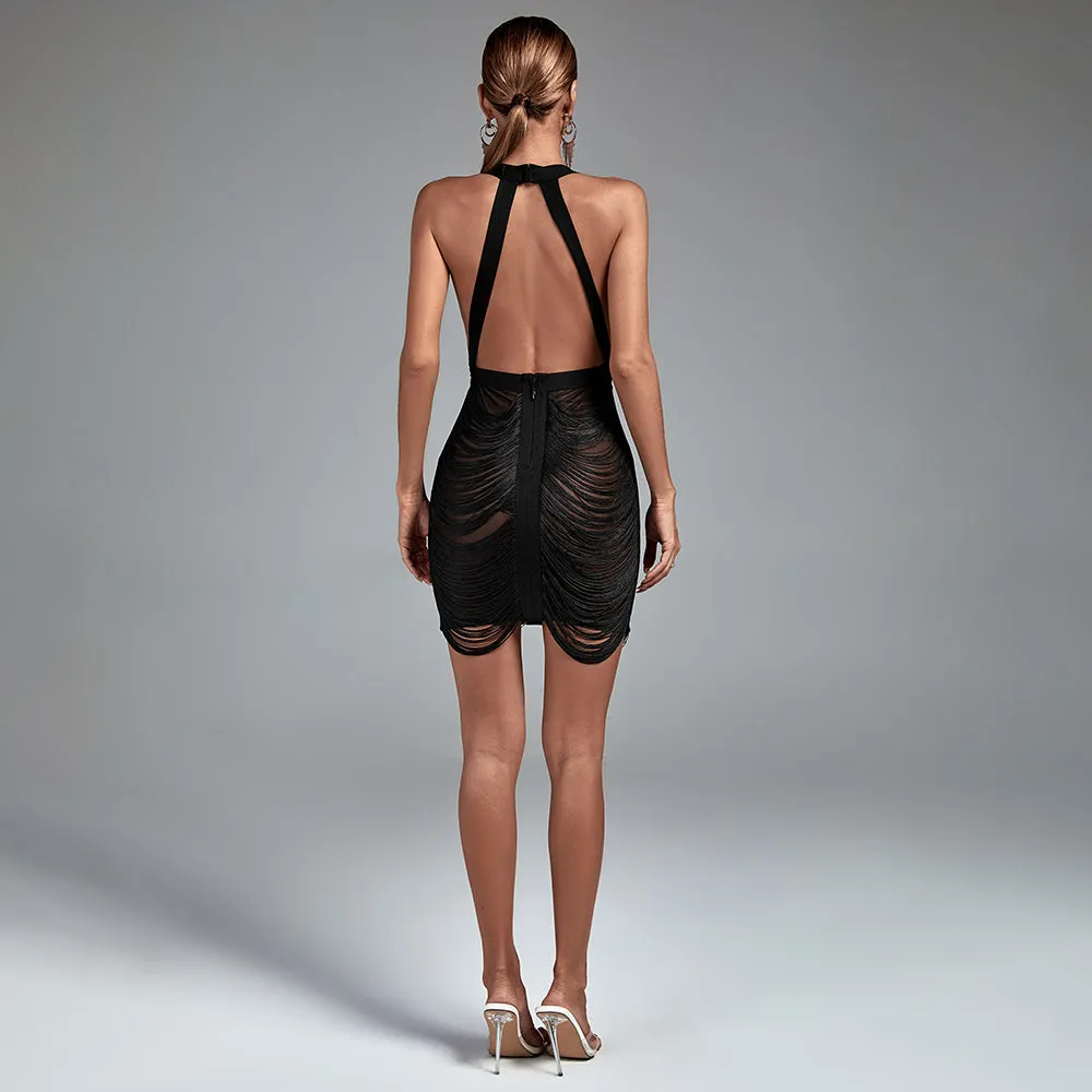 Halter Tassels Mini Backless Bandage Dress
