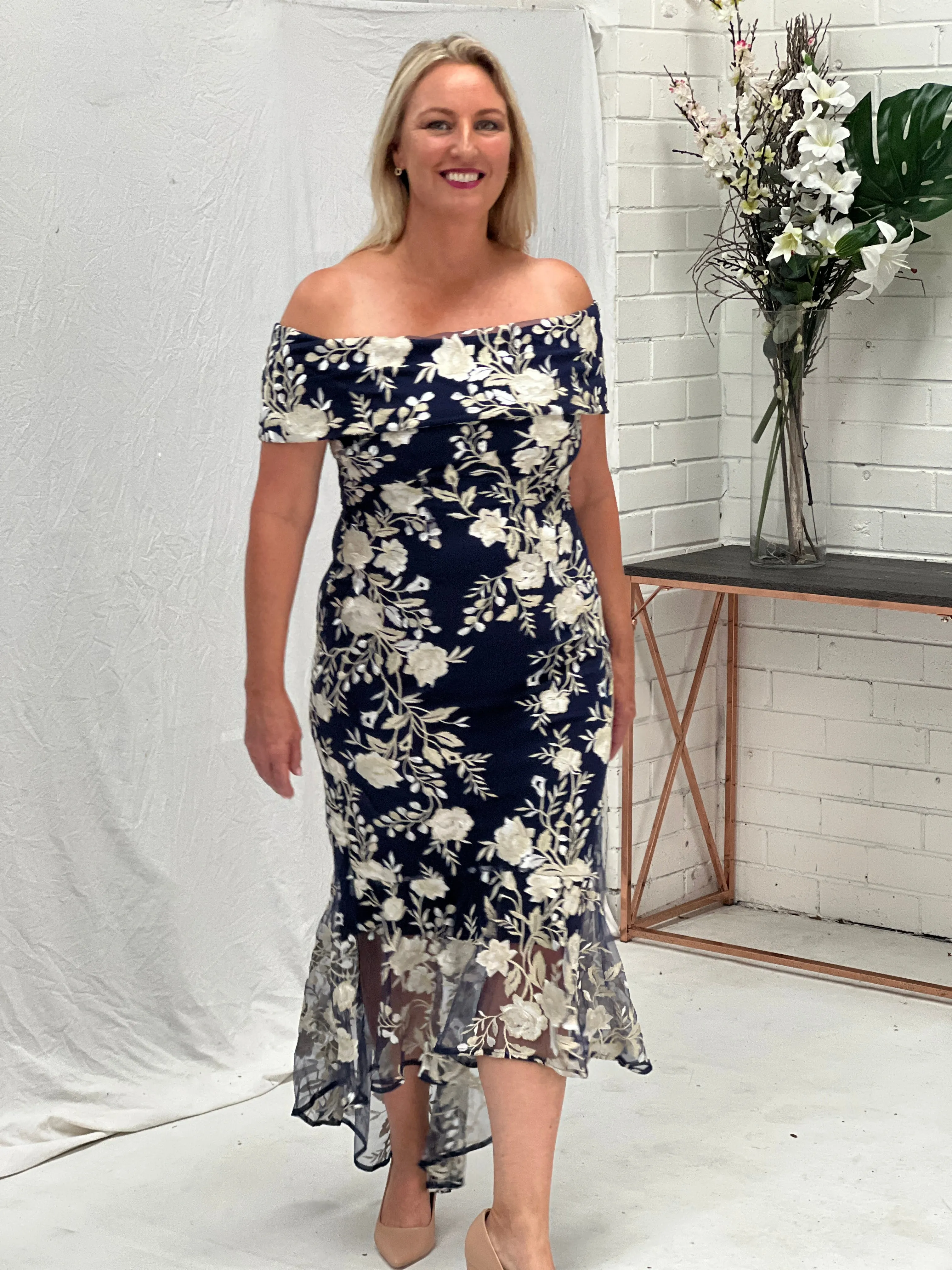 Harriet Navy Embroidered Evening Gown