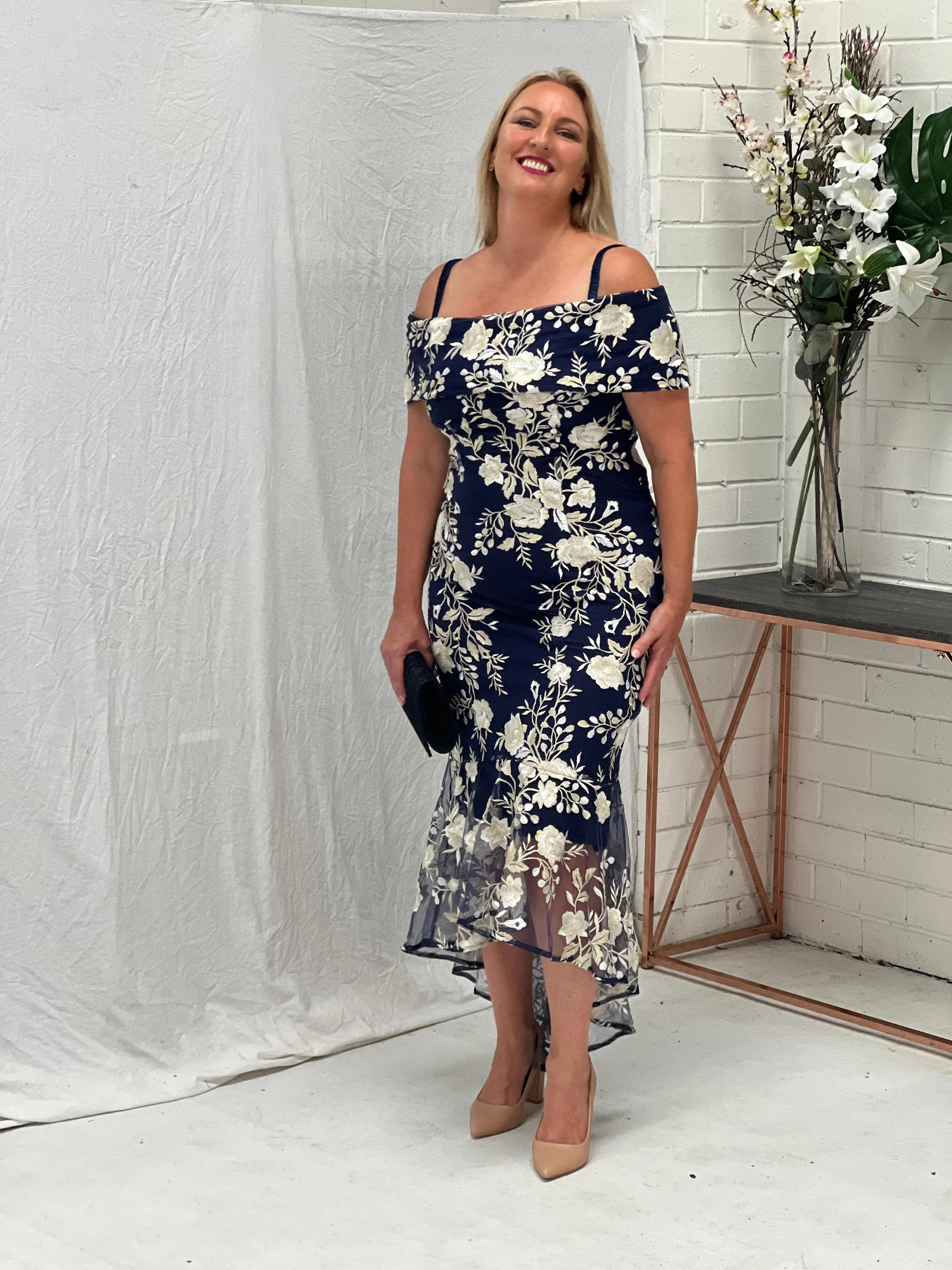Harriet Navy Embroidered Evening Gown