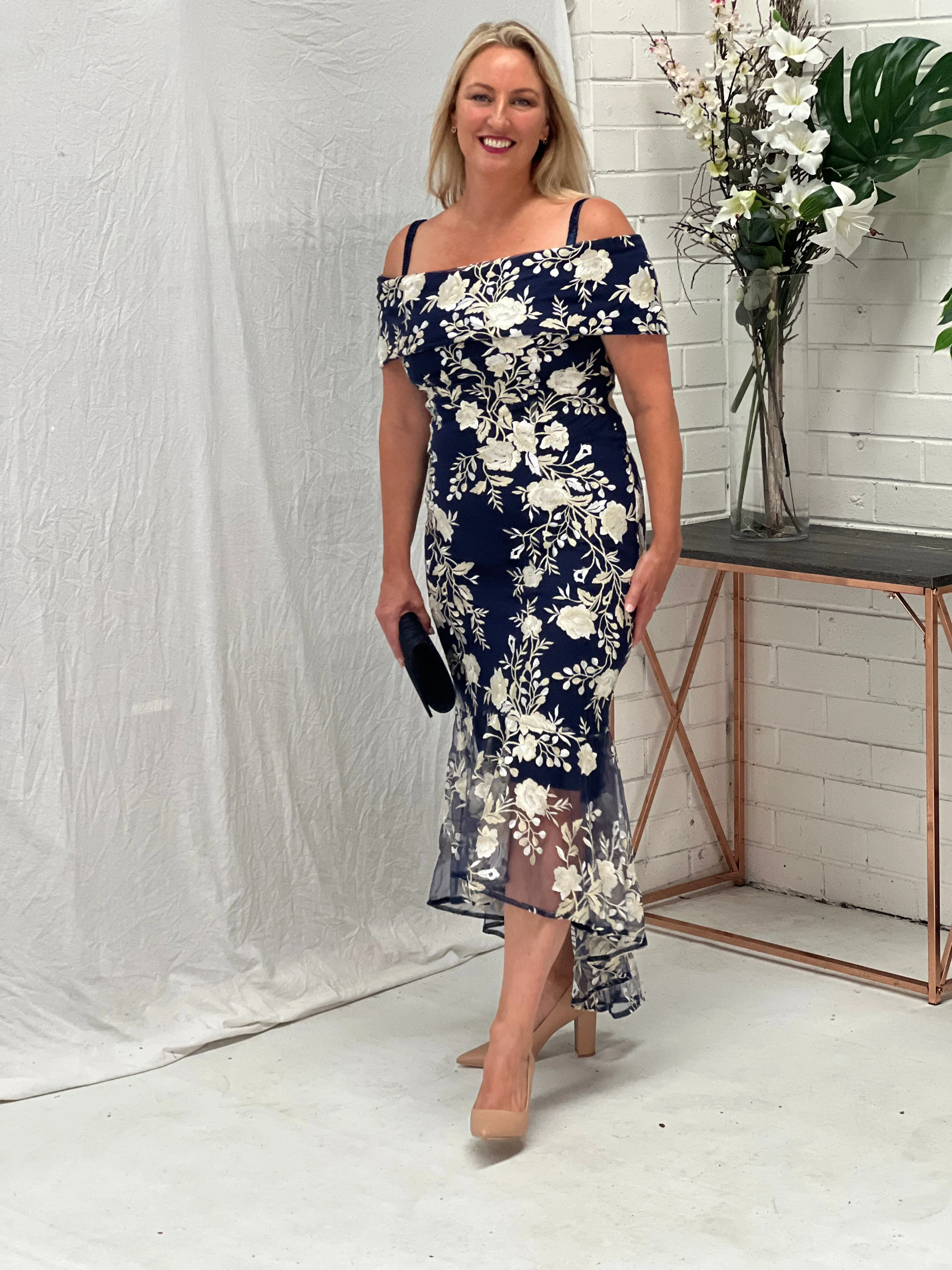 Harriet Navy Embroidered Evening Gown