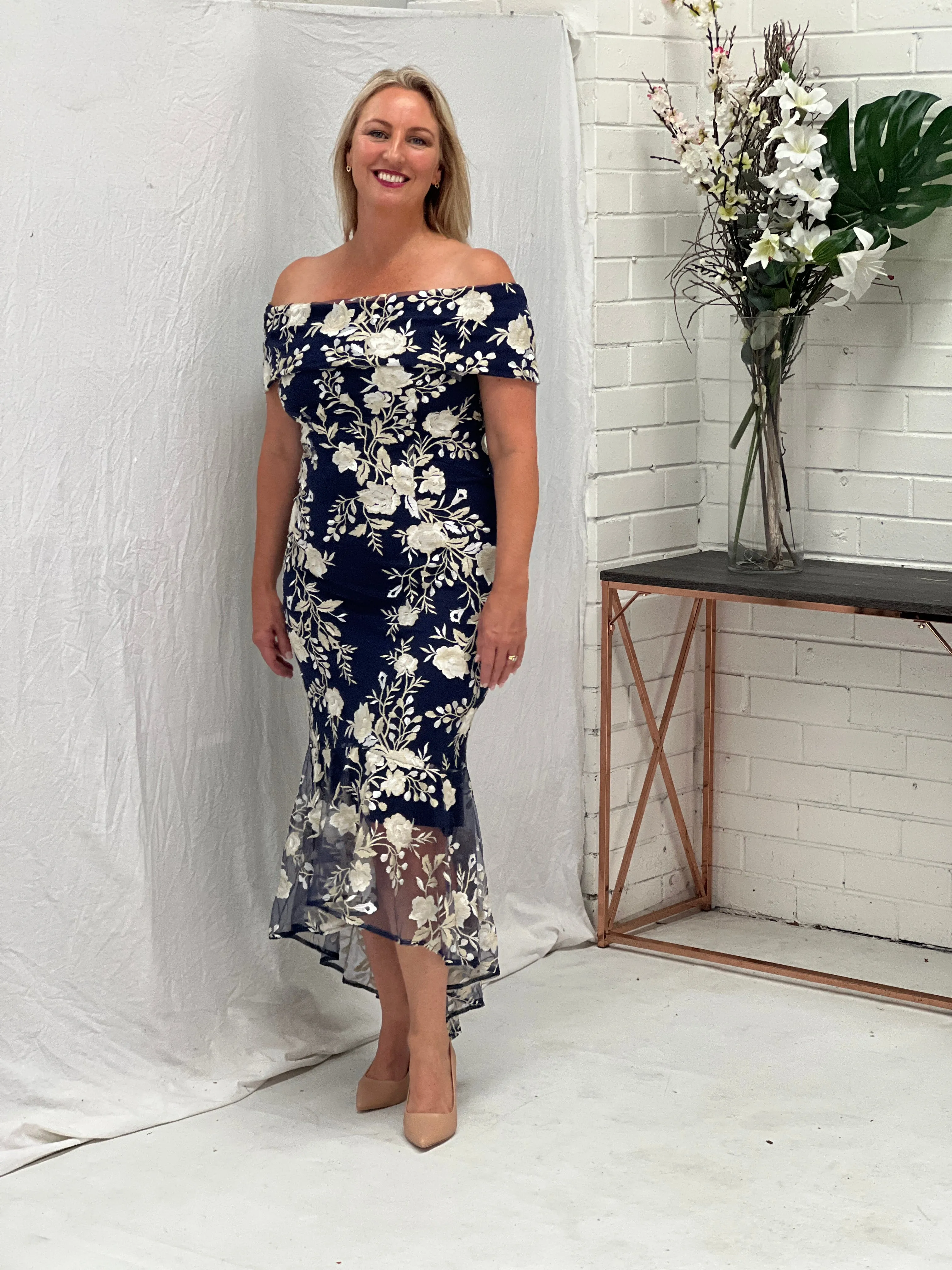 Harriet Navy Embroidered Evening Gown