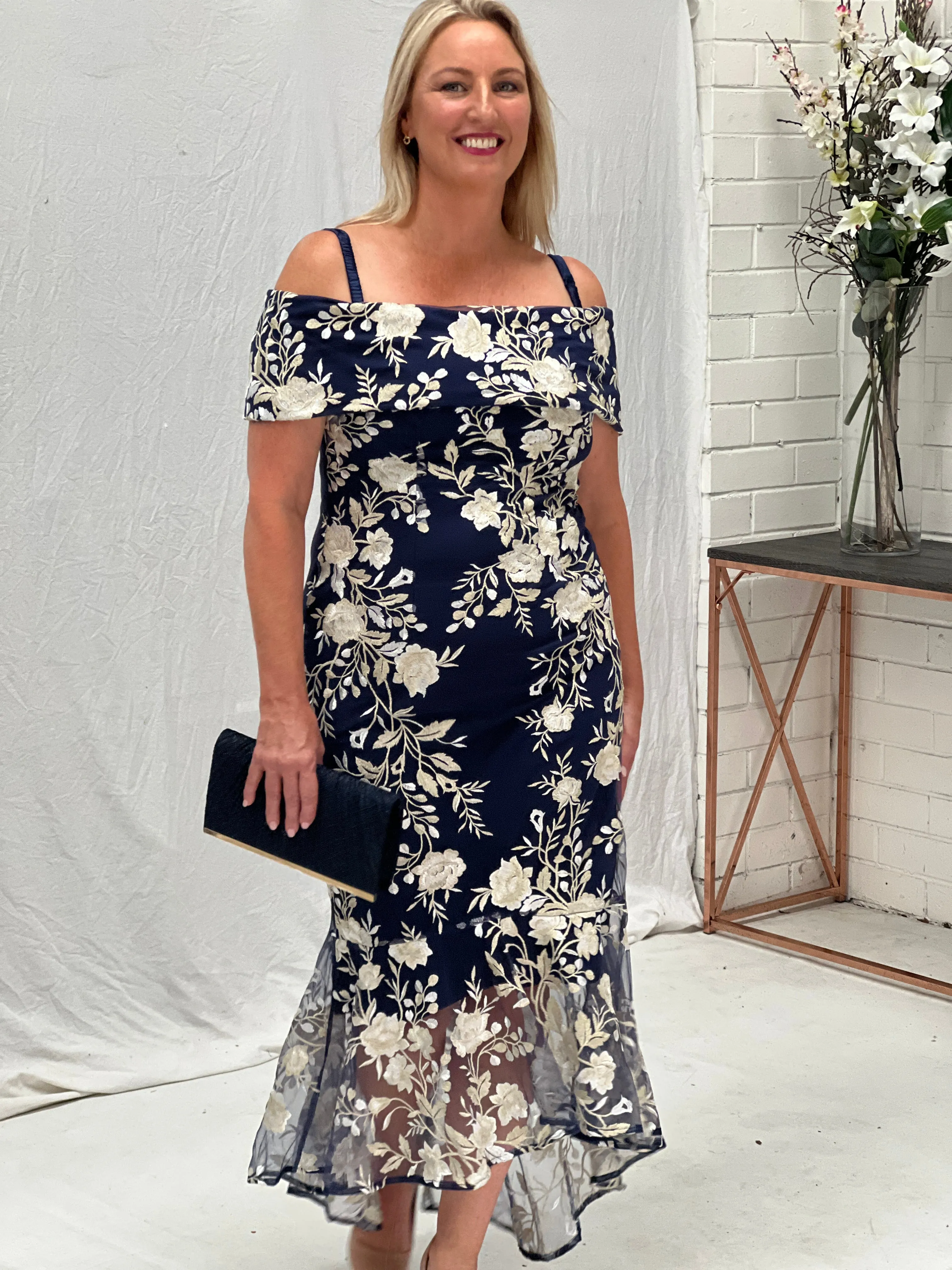 Harriet Navy Embroidered Evening Gown