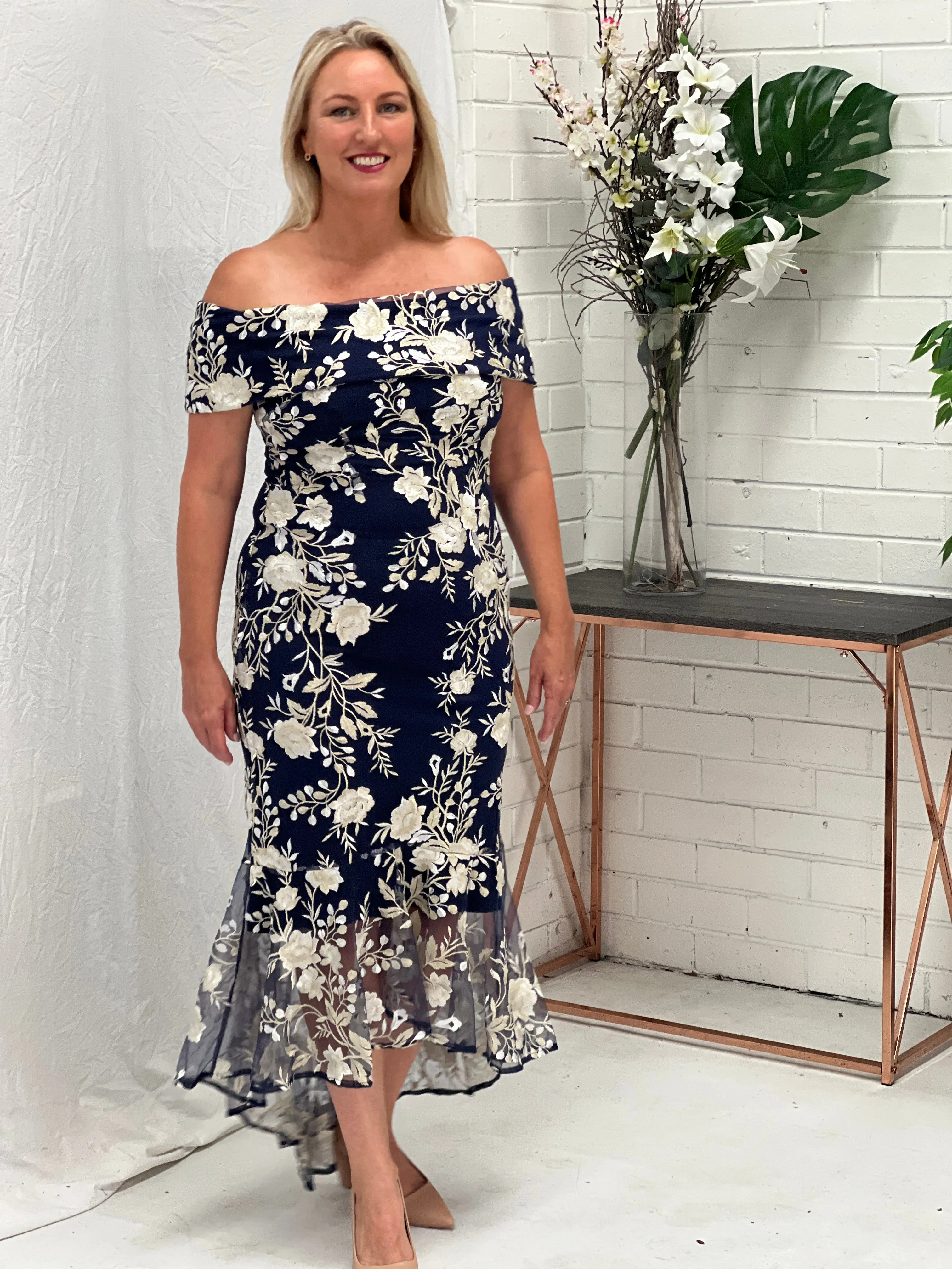 Harriet Navy Embroidered Evening Gown