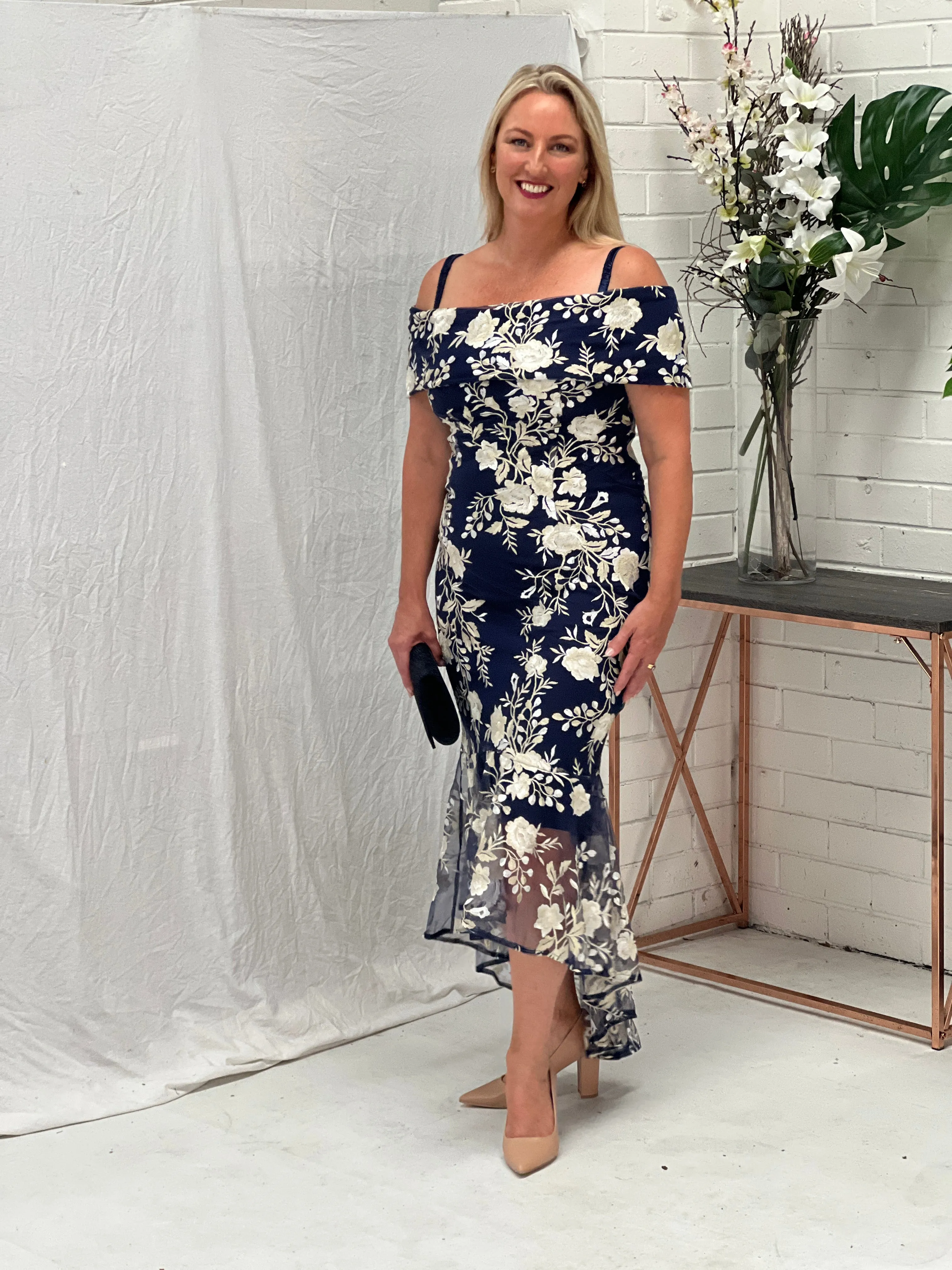 Harriet Navy Embroidered Evening Gown