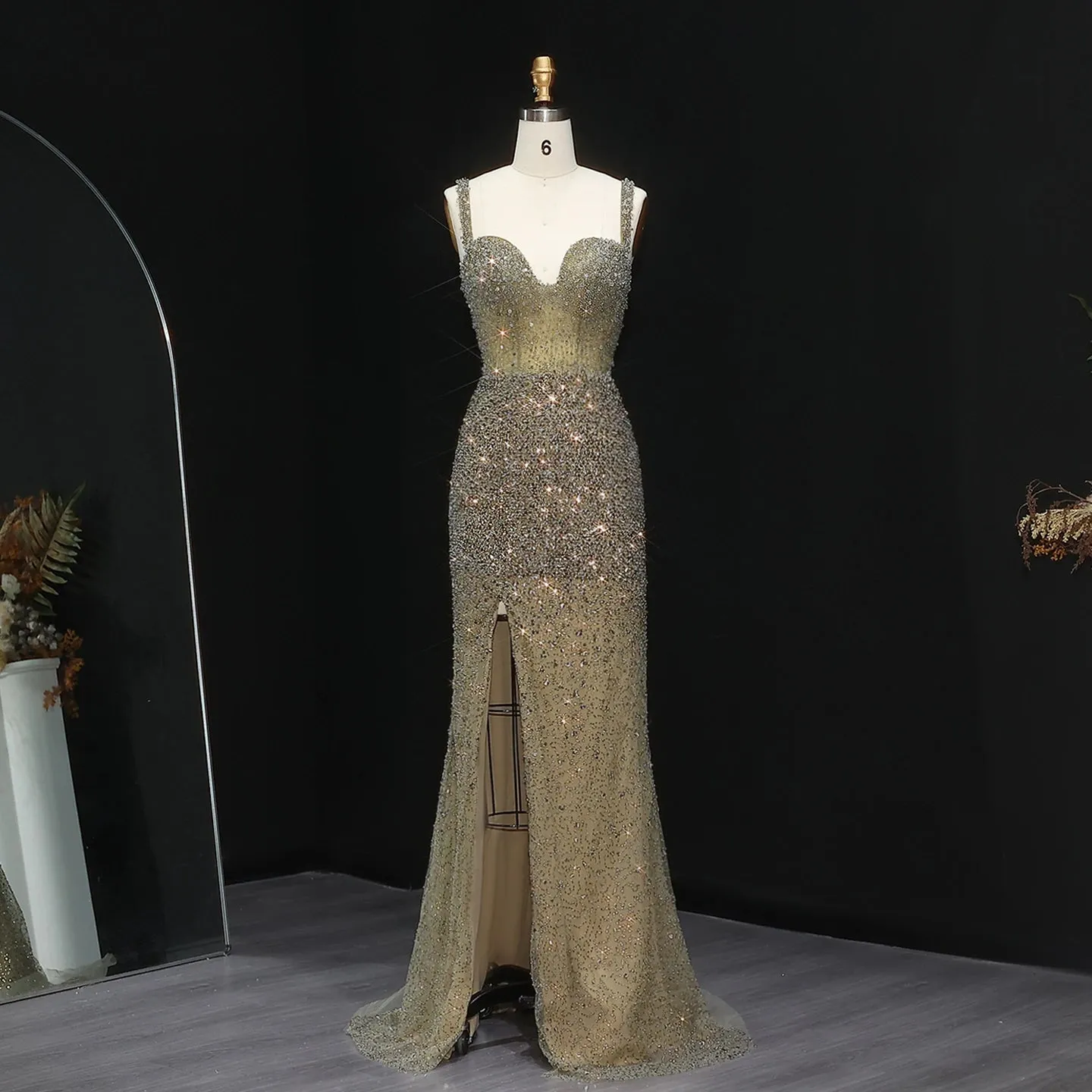 HELEN Luxury Crystal Olive Green Mermaid Evening Dress with Slit