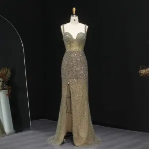 HELEN Luxury Crystal Olive Green Mermaid Evening Dress with Slit