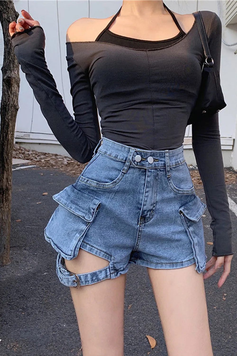 High Waist Cargo Pockets Denim Shorts