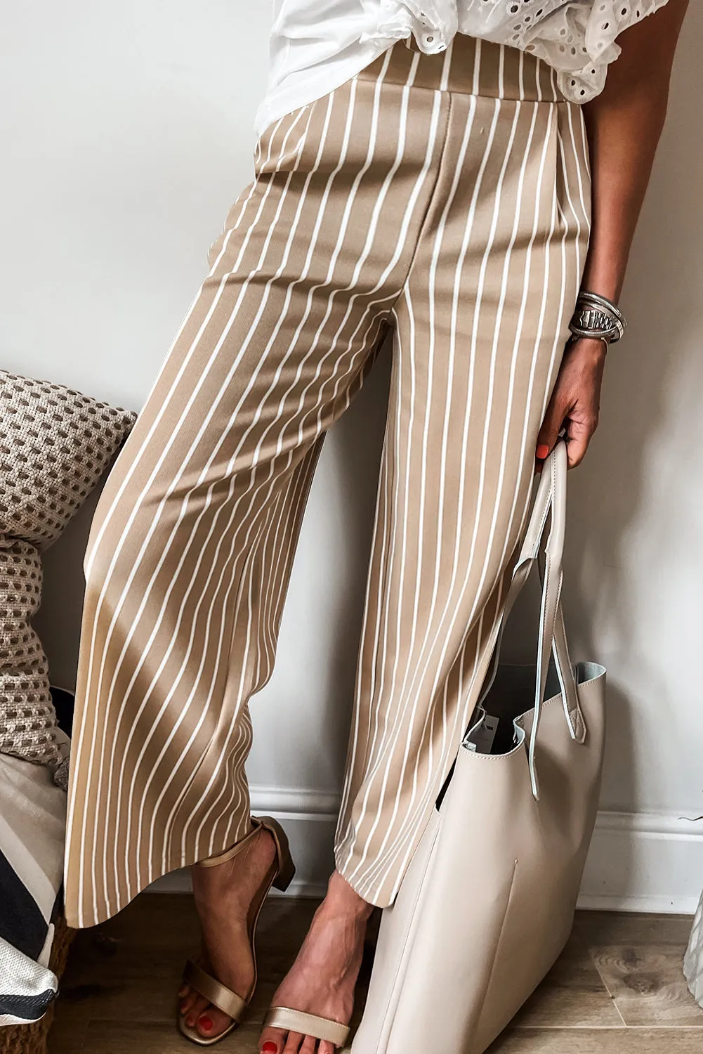 Khaki Stripe Pleated High Waist Wide Leg Loose Pants