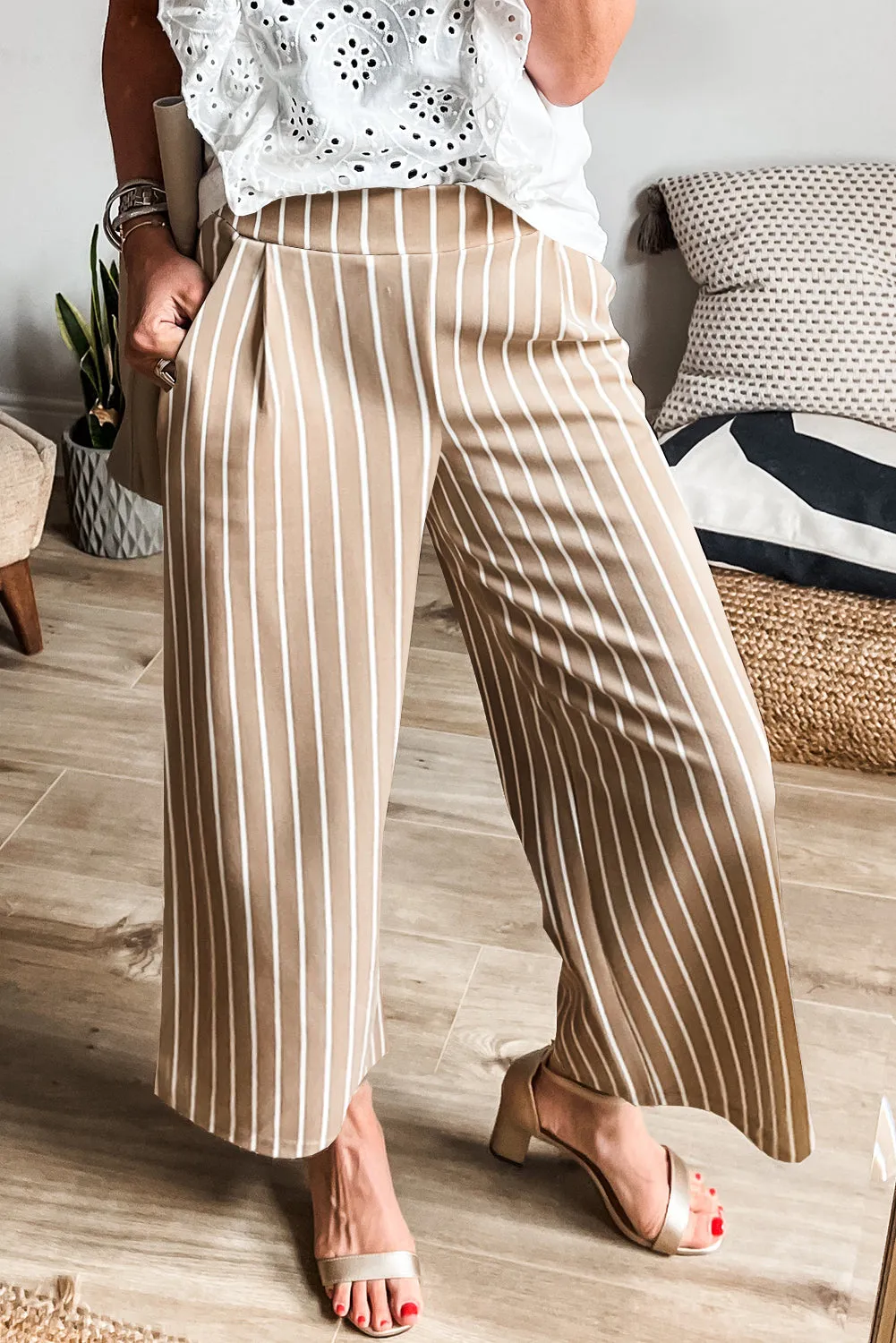 Khaki Stripe Pleated High Waist Wide Leg Loose Pants