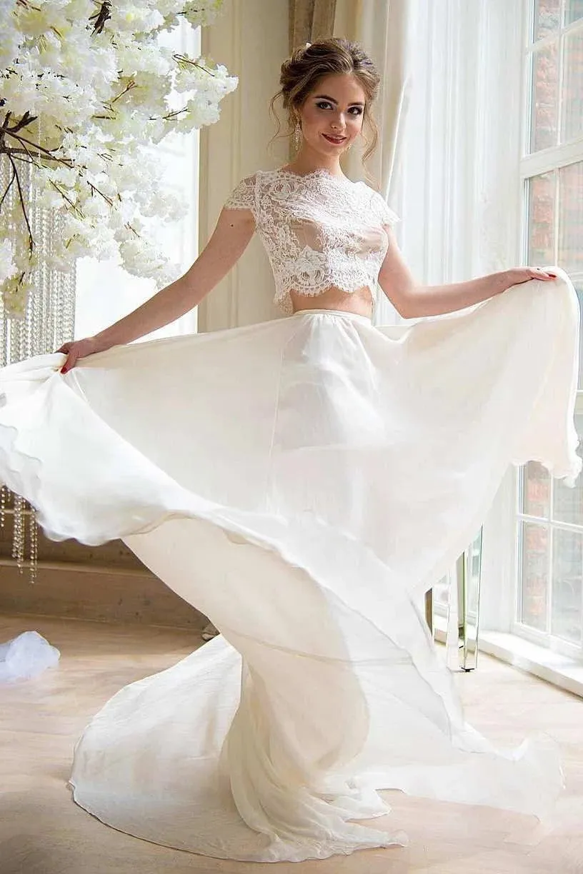 Lace Top Chiffon Boho Bridal Dresses Two Pieces