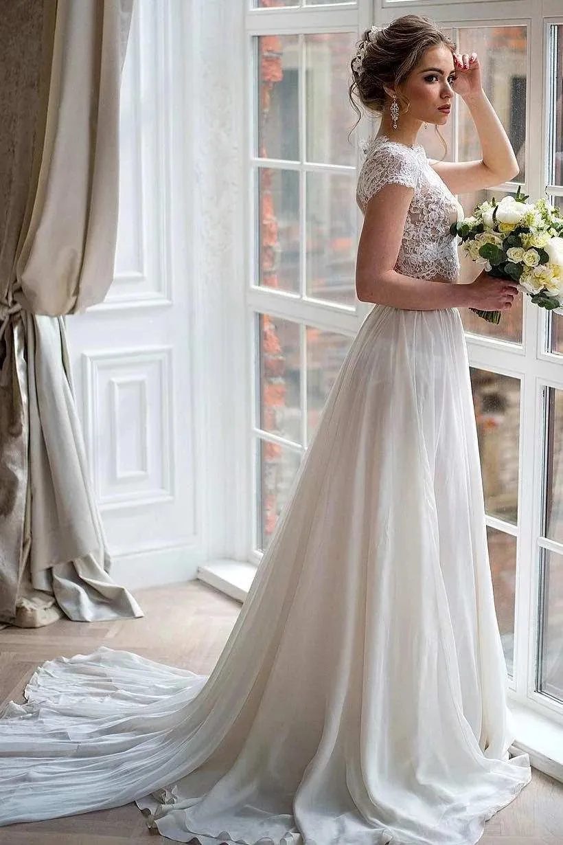 Lace Top Chiffon Boho Bridal Dresses Two Pieces