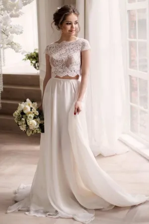 Lace Top Chiffon Boho Bridal Dresses Two Pieces