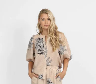 Las Surenas Ballon Tiger Print Shirt - Beige