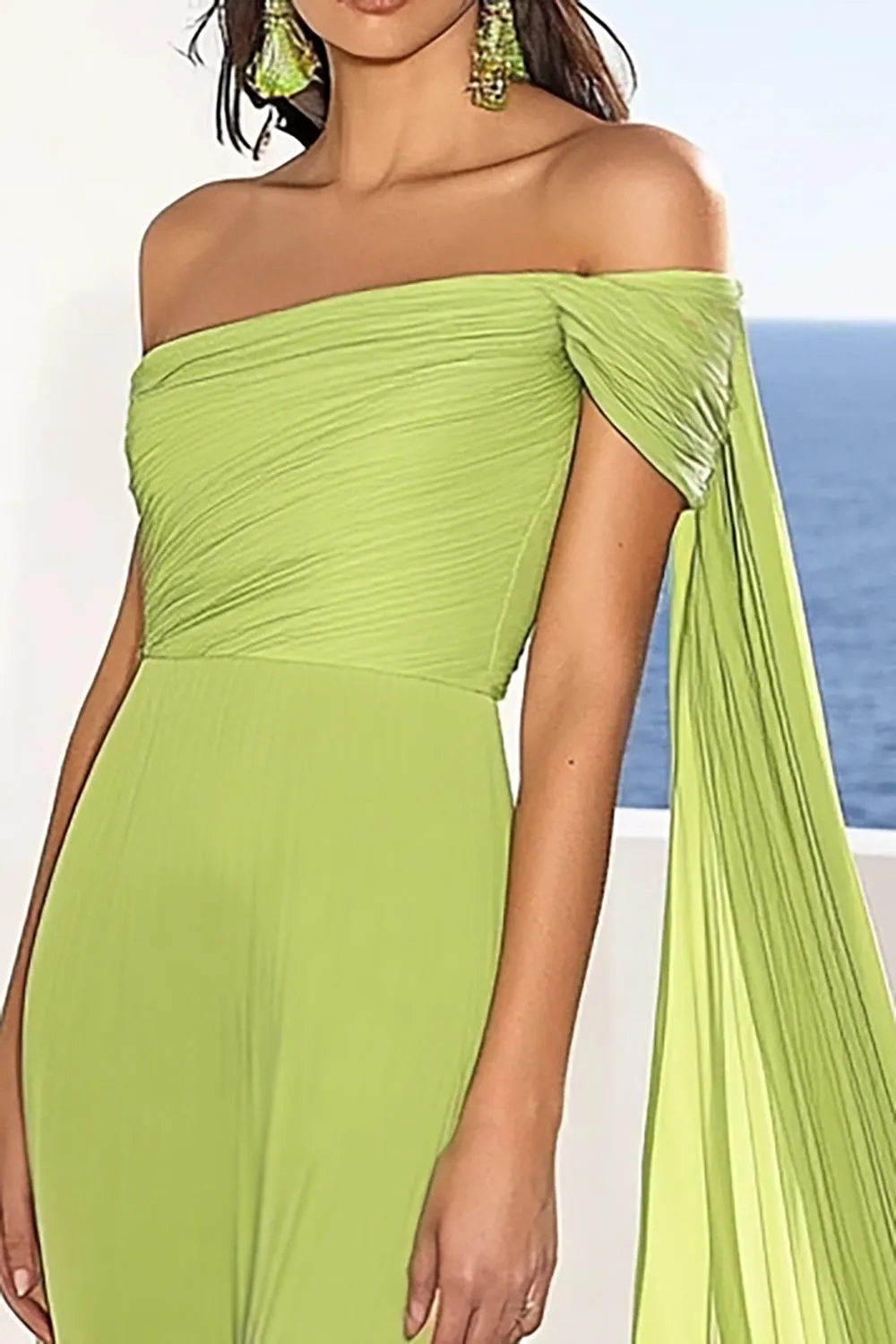 Lemon Green Sheath Maxi Formal Dress with Cape