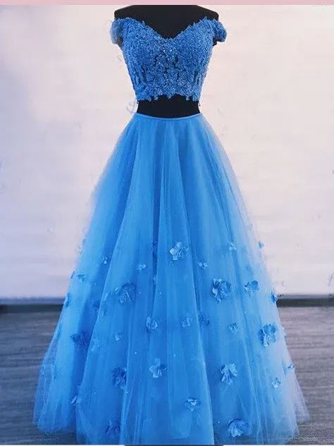 Light Blue 2 Piece Prom Dresses Off the Shoulder Flower Long Evening Gowns