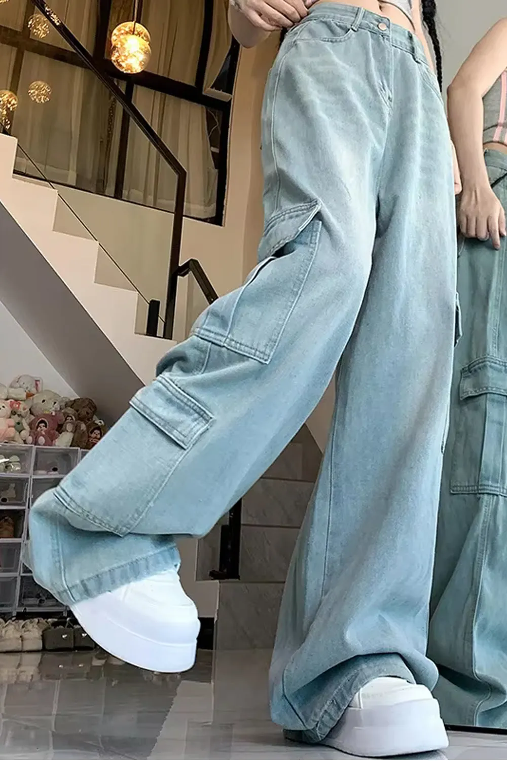 Loose Wide Leg Denim Jeans Cargo Pocket Pants