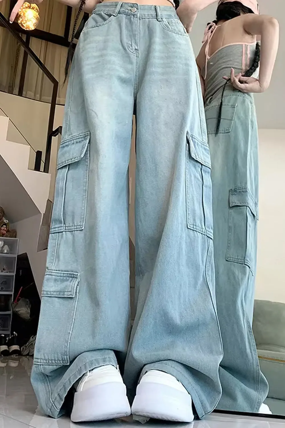 Loose Wide Leg Denim Jeans Cargo Pocket Pants