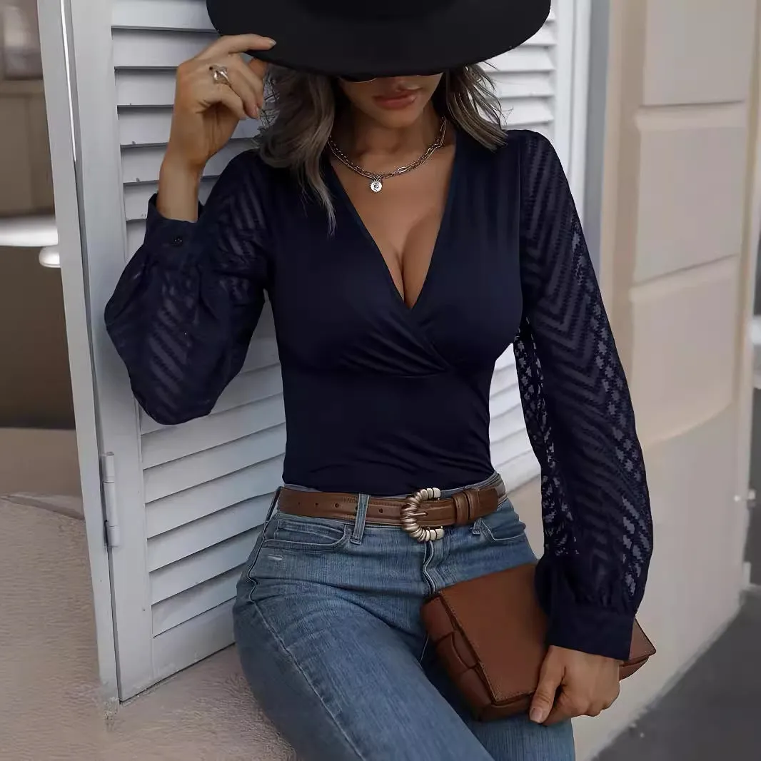 Marina - Chiffon Stitching Solid Color Woman's Long Sleeve Top
