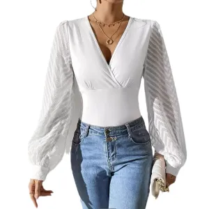 Marina - Chiffon Stitching Solid Color Woman's Long Sleeve Top