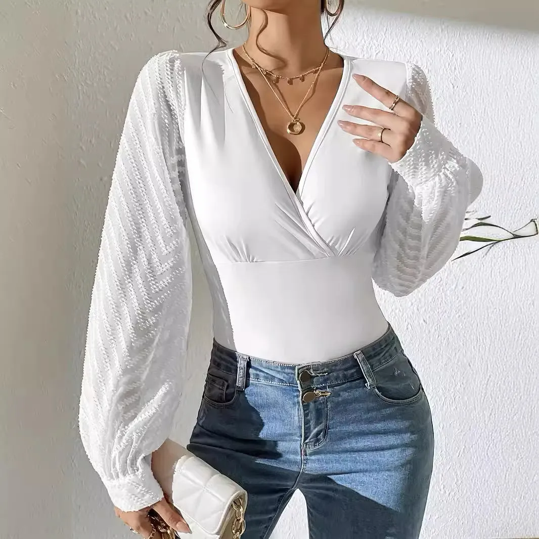 Marina - Chiffon Stitching Solid Color Woman's Long Sleeve Top