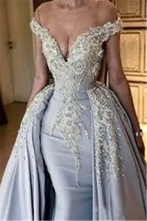 Mermaid V-neck Portrait Panel Chiffon Beaded Jewel Evening Dress