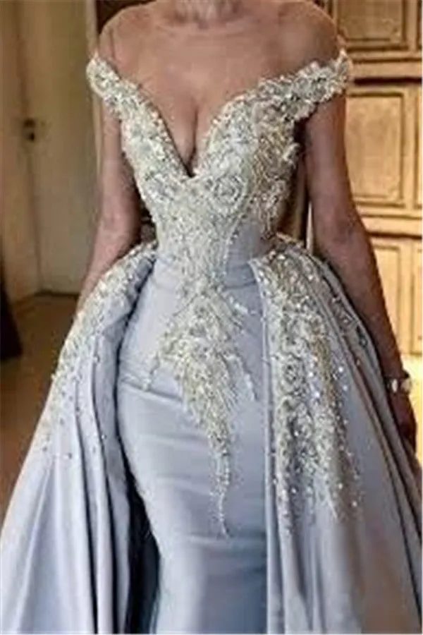 Mermaid V-neck Portrait Panel Chiffon Beaded Jewel Evening Dress