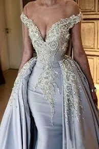 Mermaid V-neck Portrait Panel Chiffon Beaded Jewel Evening Dress