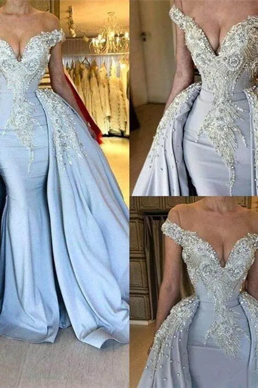 Mermaid V-neck Portrait Panel Chiffon Beaded Jewel Evening Dress