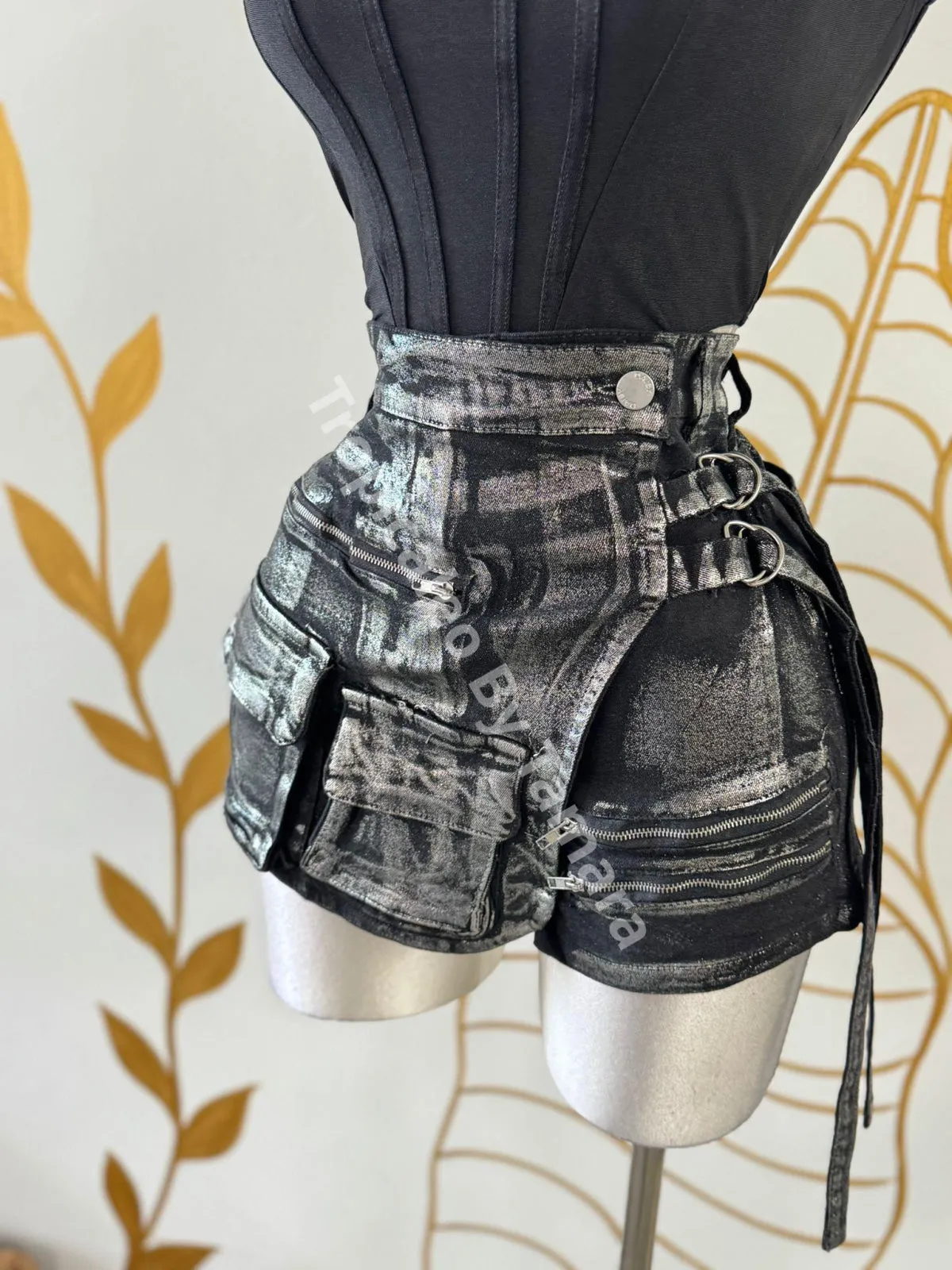 Metallic Cargo Denim Skort