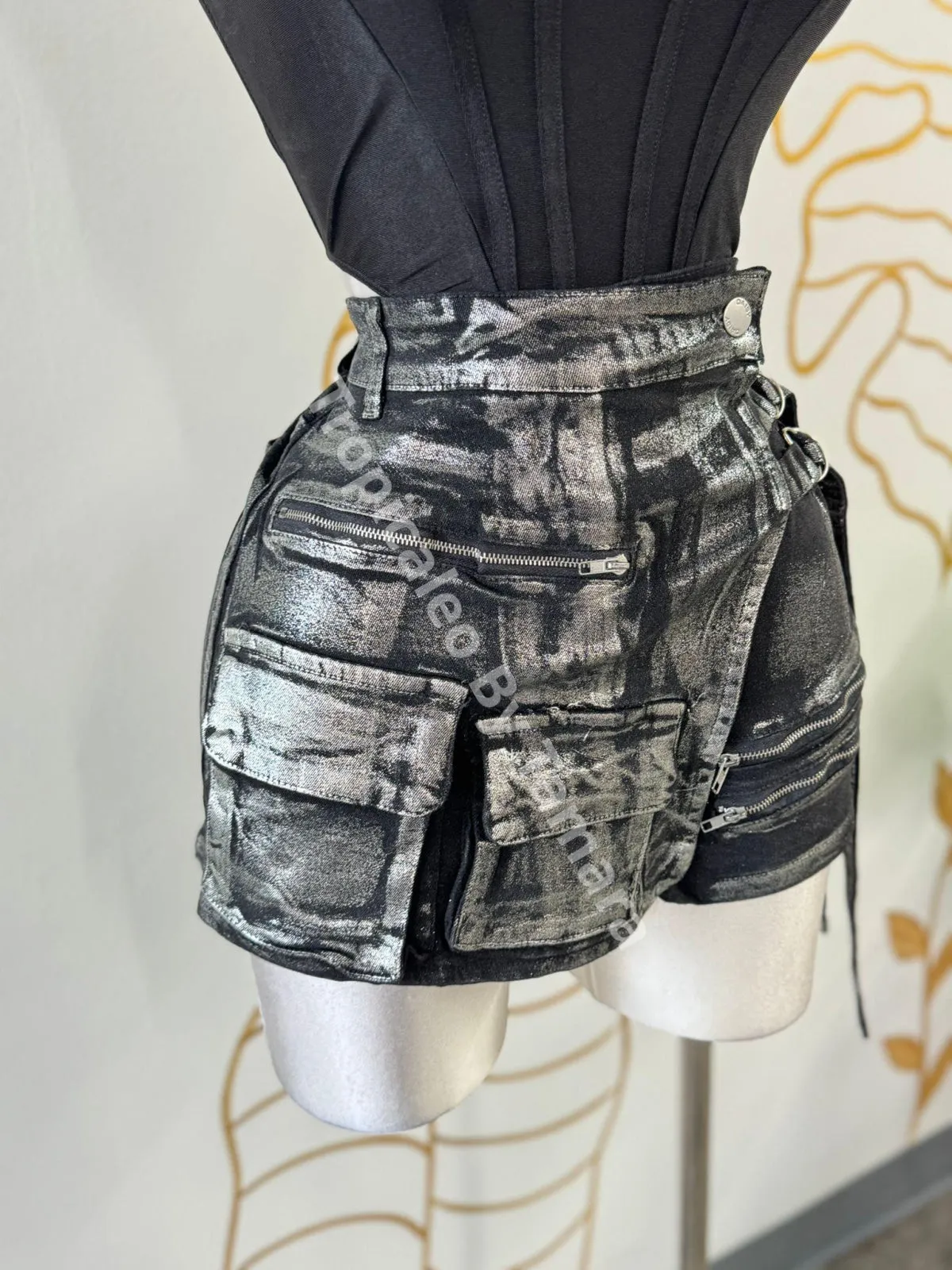 Metallic Cargo Denim Skort