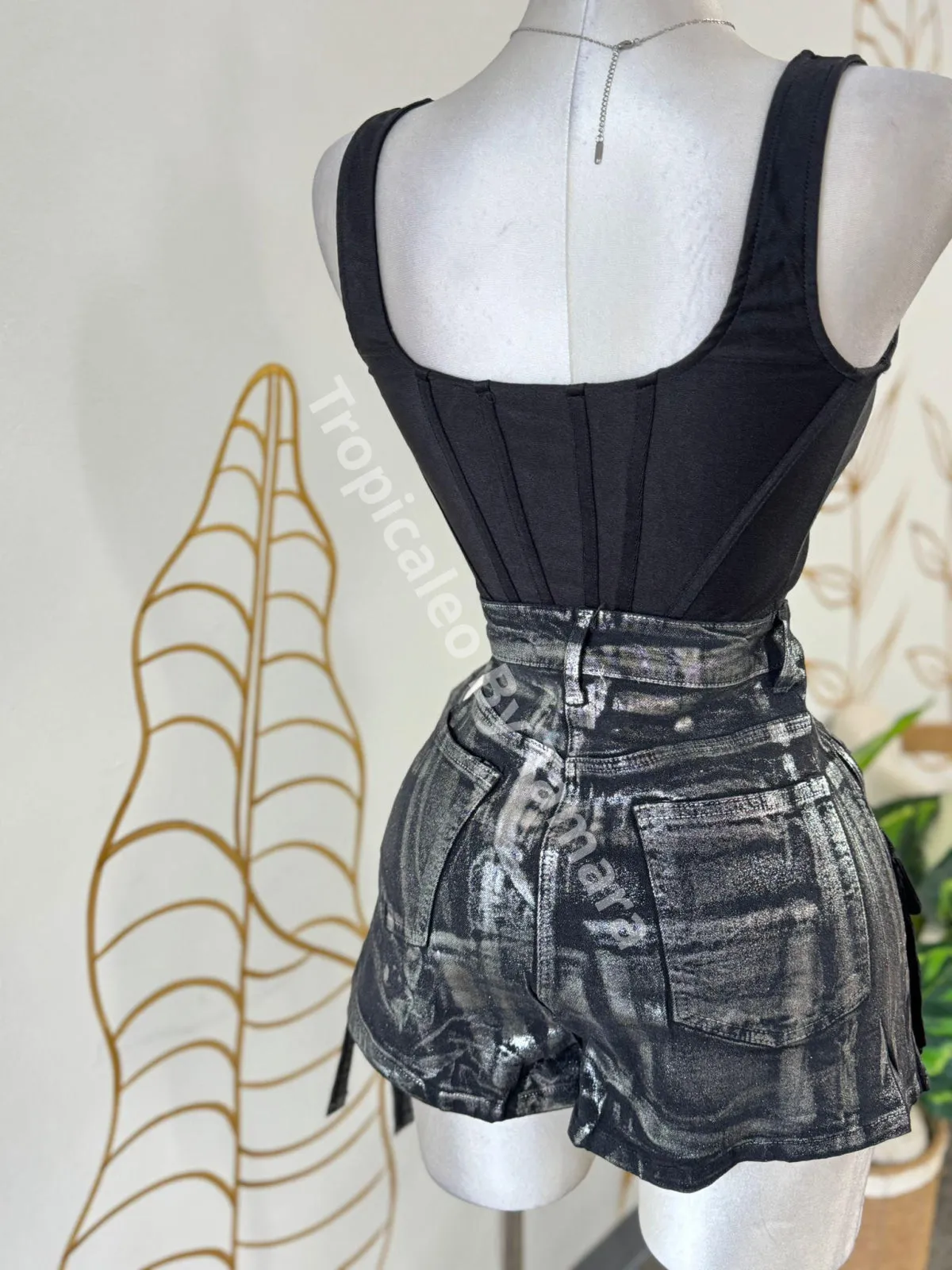 Metallic Cargo Denim Skort