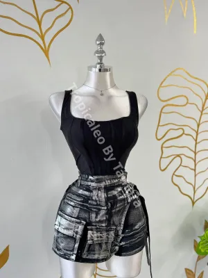 Metallic Cargo Denim Skort
