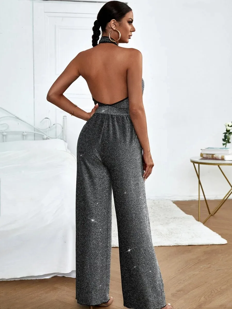 mirabelle halter jumpsuit in black silver