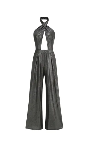 mirabelle halter jumpsuit in black silver