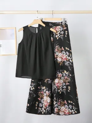 MOD Chiffon Solid Blouse & Wide-Leg Pants Set