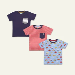 Multicoloured Car, Stripe Print And Plain T-Shirts - 3 Pack