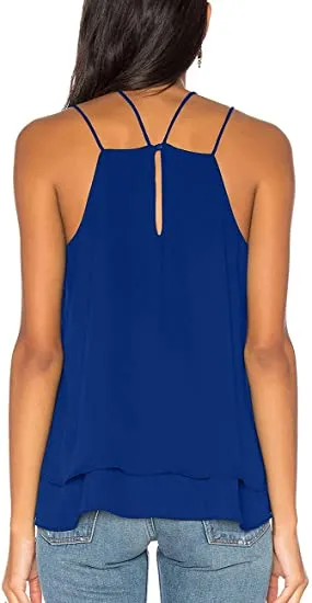 New ALLY-MAGIC Womens Chiffon Halter Cami Double Spaghetti Strap Tank Top in Royal Blue, Sz M