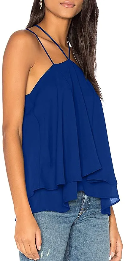 New ALLY-MAGIC Womens Chiffon Halter Cami Double Spaghetti Strap Tank Top in Royal Blue, Sz M