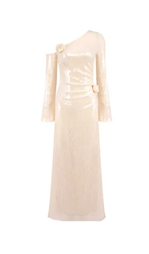 one-shoulder flower embellished sequin maxi dress in apricot