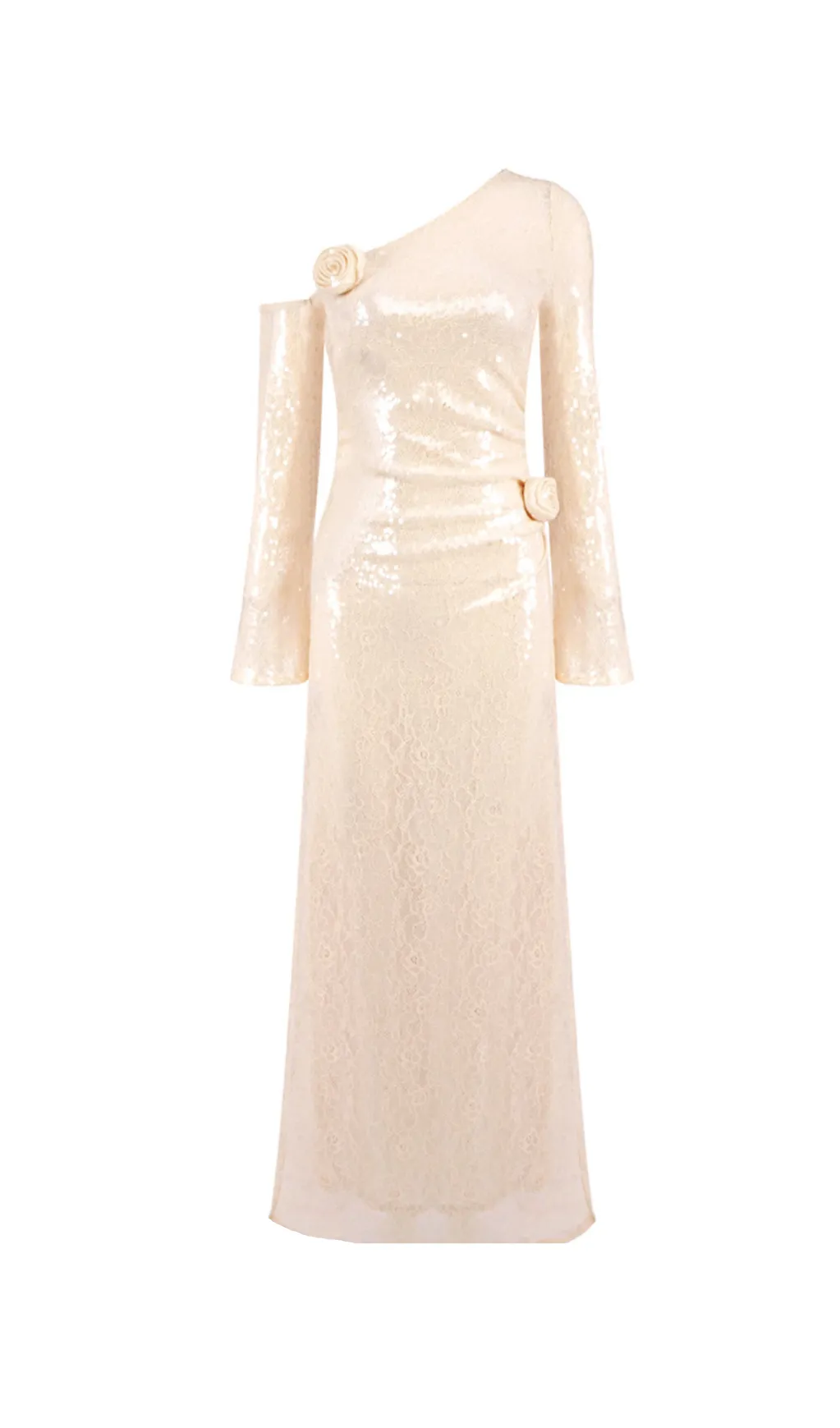 one-shoulder flower embellished sequin maxi dress in apricot