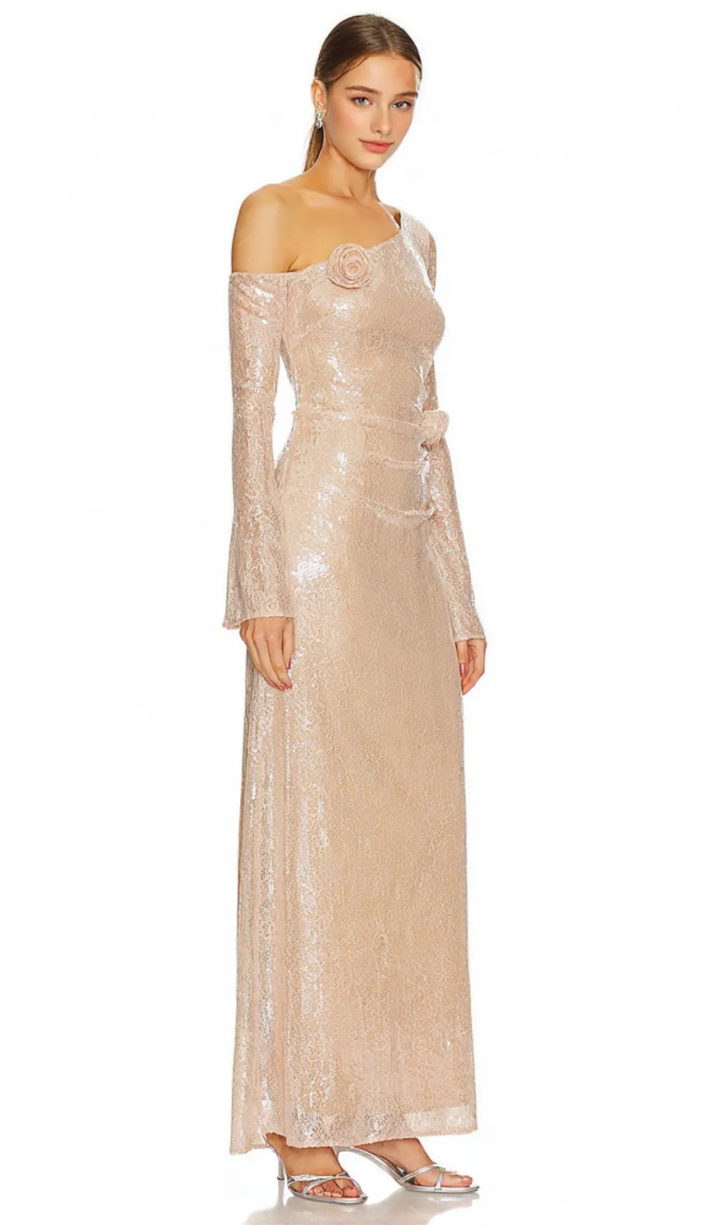 one-shoulder flower embellished sequin maxi dress in apricot