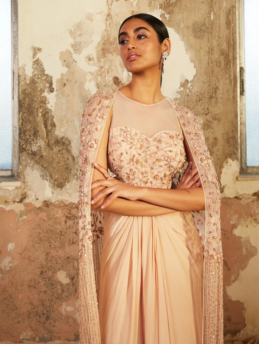 Pearla Beige Draped Cut Out Gown