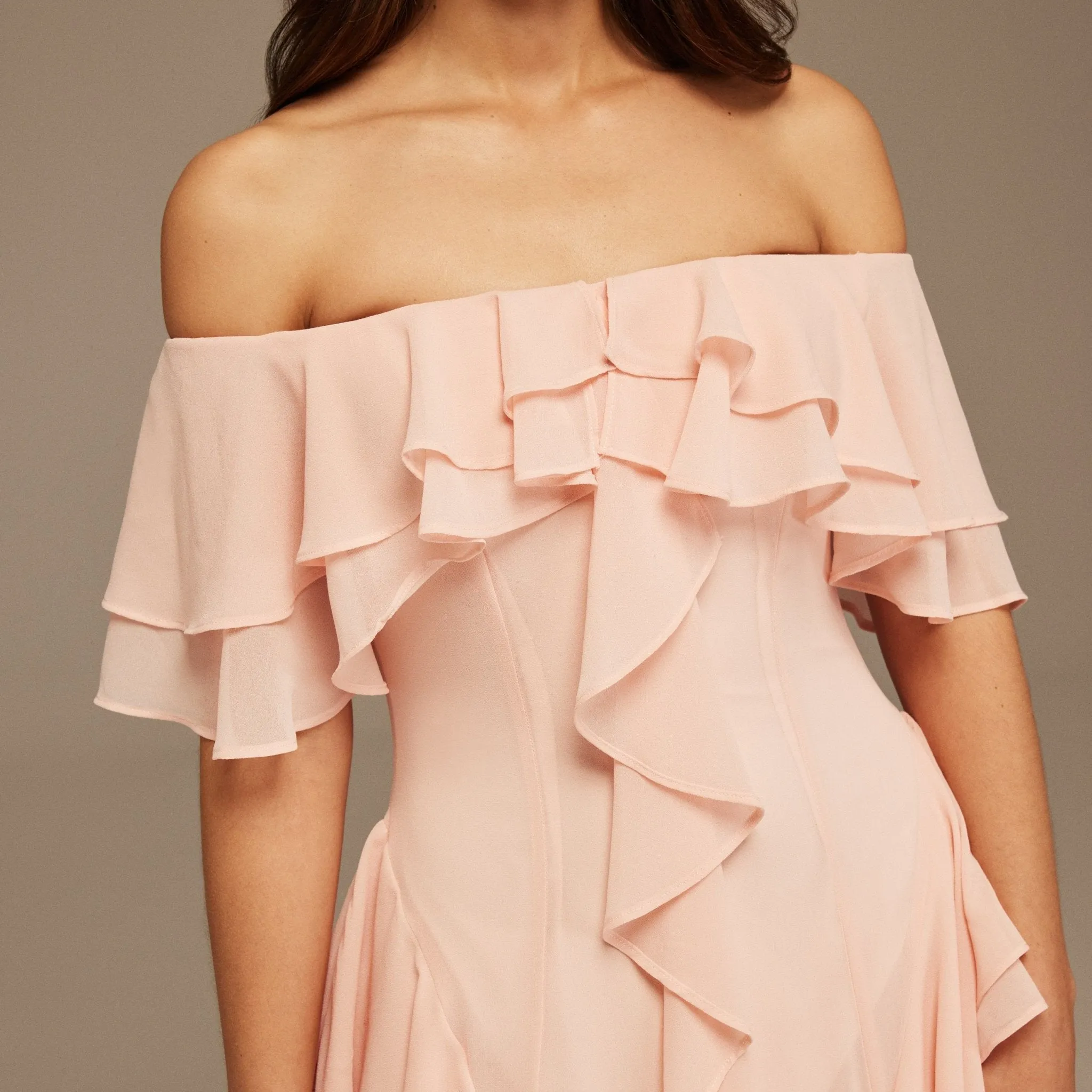 Pink Chiffon Off Shoulder Maxi Dress With Ruffles