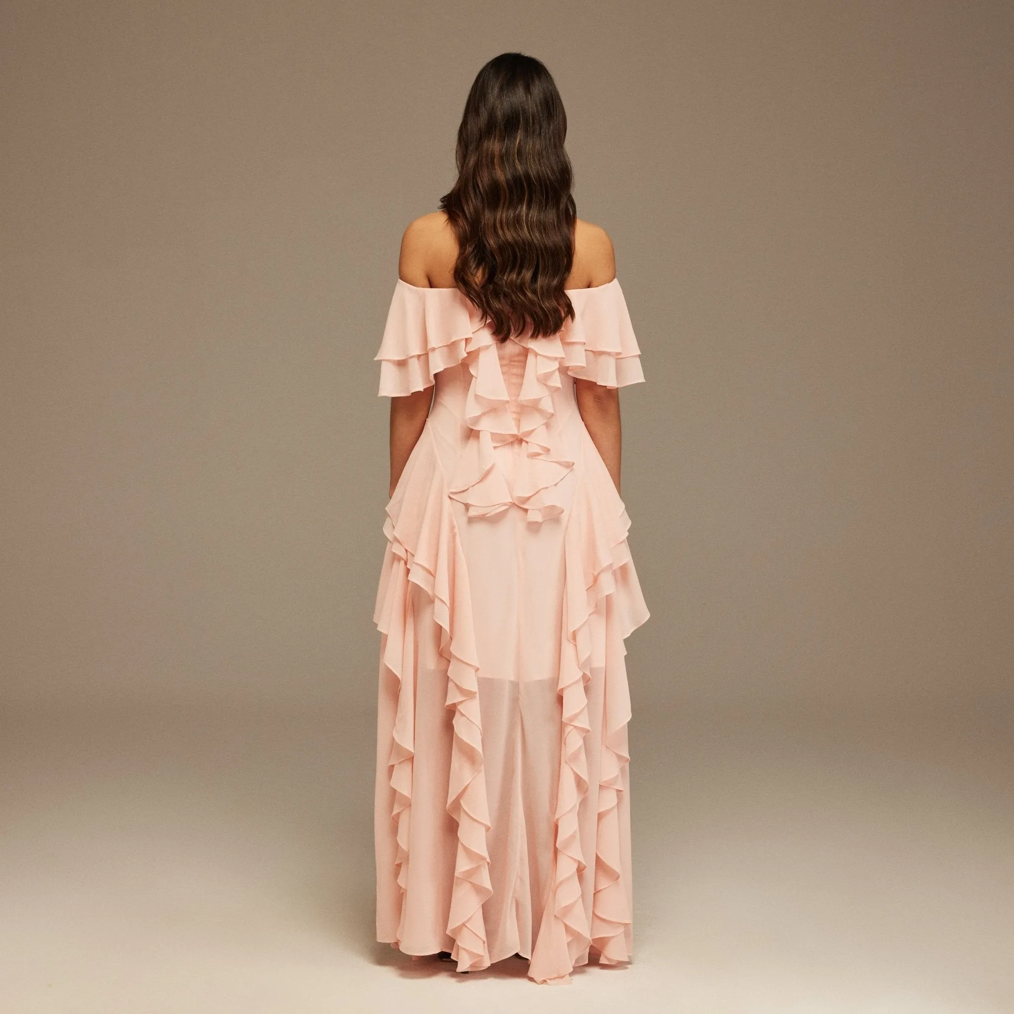 Pink Chiffon Off Shoulder Maxi Dress With Ruffles