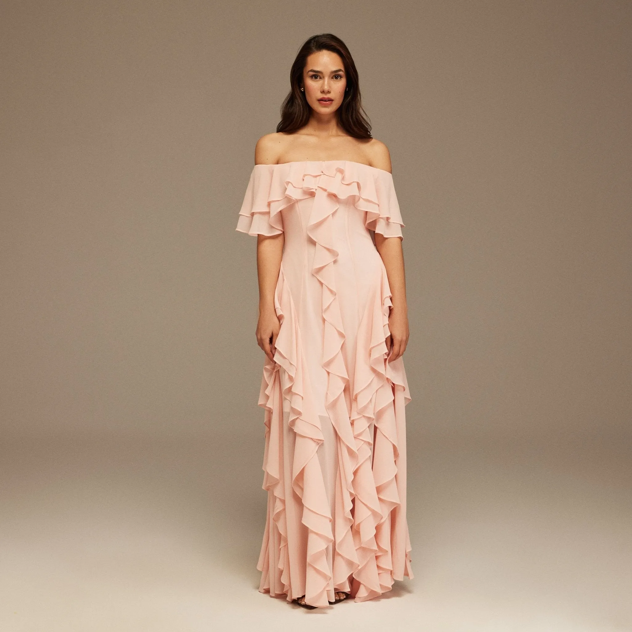 Pink Chiffon Off Shoulder Maxi Dress With Ruffles